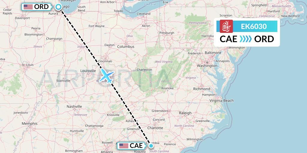 EK6030 Emirates Flight Map: Columbia to Chicago