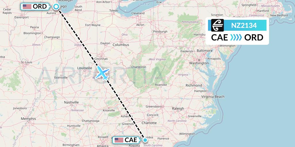 NZ2134 Air New Zealand Flight Map: Columbia to Chicago