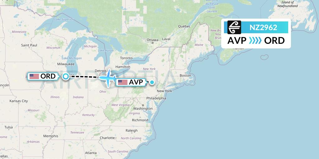 NZ2962 Air New Zealand Flight Map: Avoca to Chicago