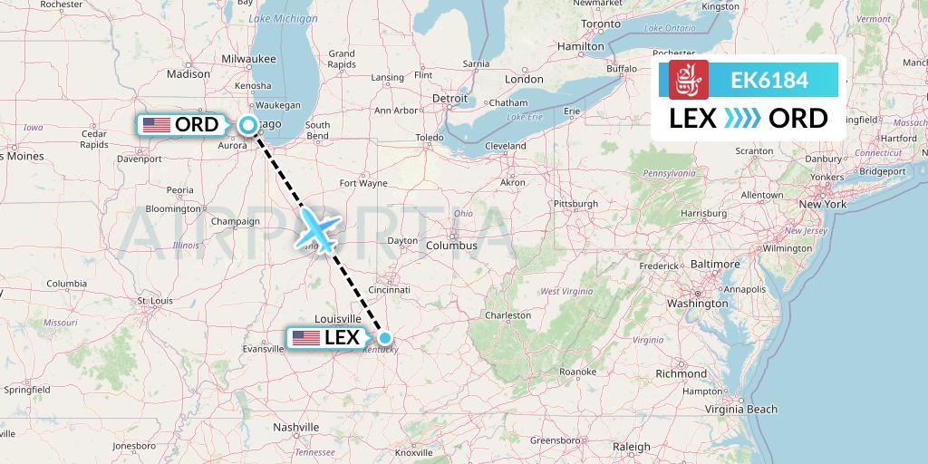 EK6184 Emirates Flight Map: Lexington to Chicago