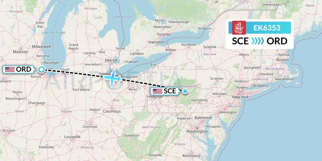 EK6353 Emirates Flight Map: State College to Chicago
