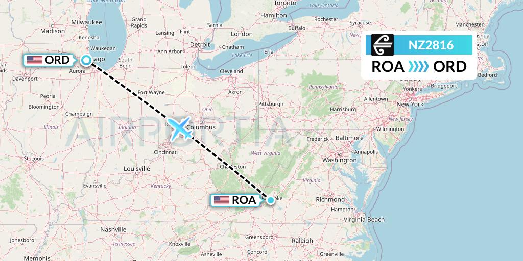 NZ2816 Air New Zealand Flight Map: Roanoke to Chicago