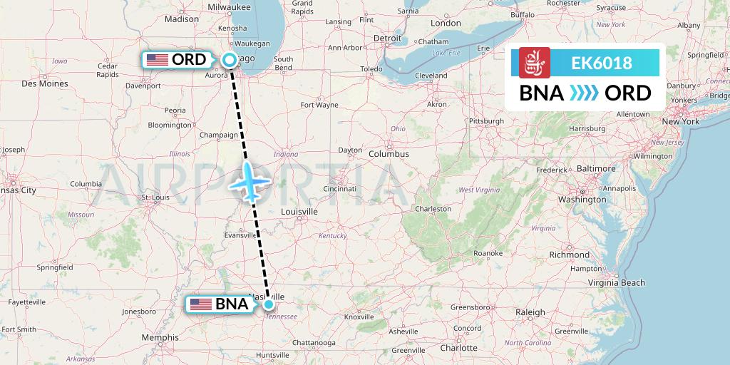 EK6018 Emirates Flight Map: Nashville to Chicago