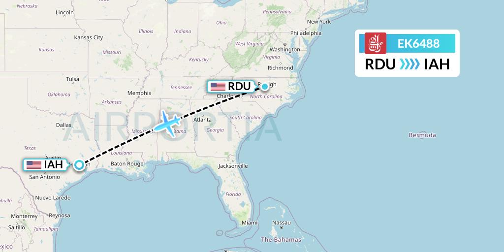 EK6488 Emirates Flight Map: Raleigh-Durham to Houston