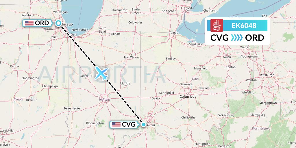 EK6048 Emirates Flight Map: Cincinnati to Chicago