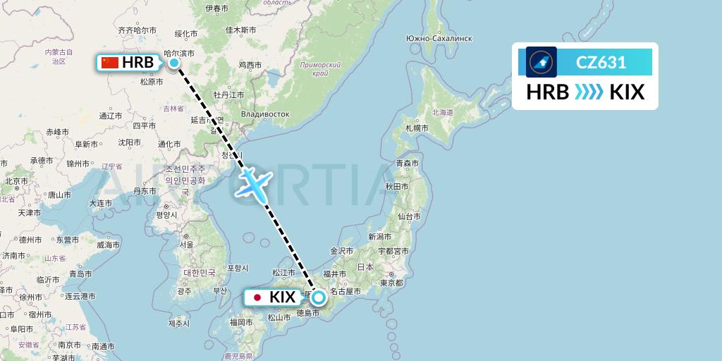 CZ631 China Southern Airlines Flight Map: Harbin to Osaka