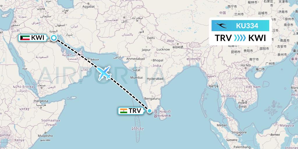 KU334 Kuwait Airways Flight Map: Thiruvananthapuram to Kuwait City