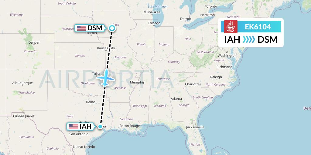EK6104 Emirates Flight Map: Houston to Des Moines