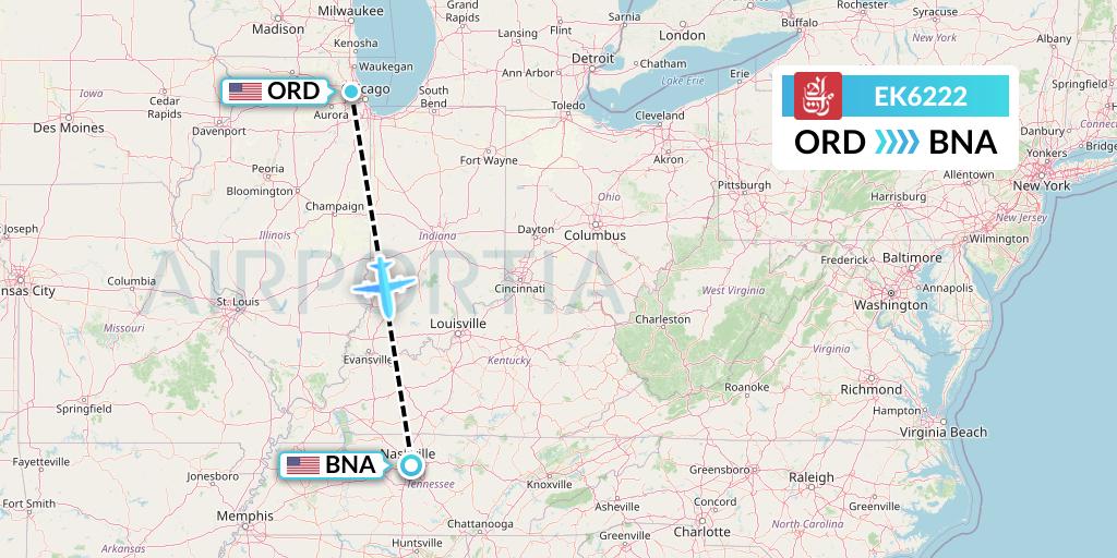 EK6222 Emirates Flight Map: Chicago to Nashville