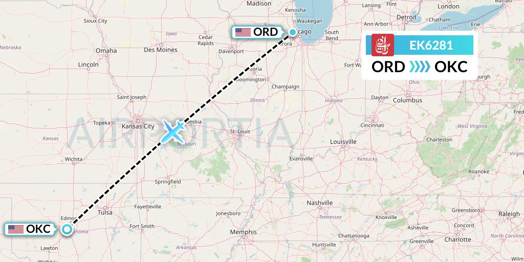 EK6281 Emirates Flight Map: Chicago to Oklahoma City