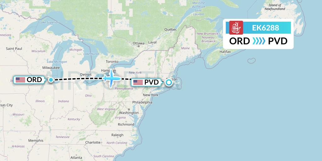 EK6288 Emirates Flight Map: Chicago to Providence