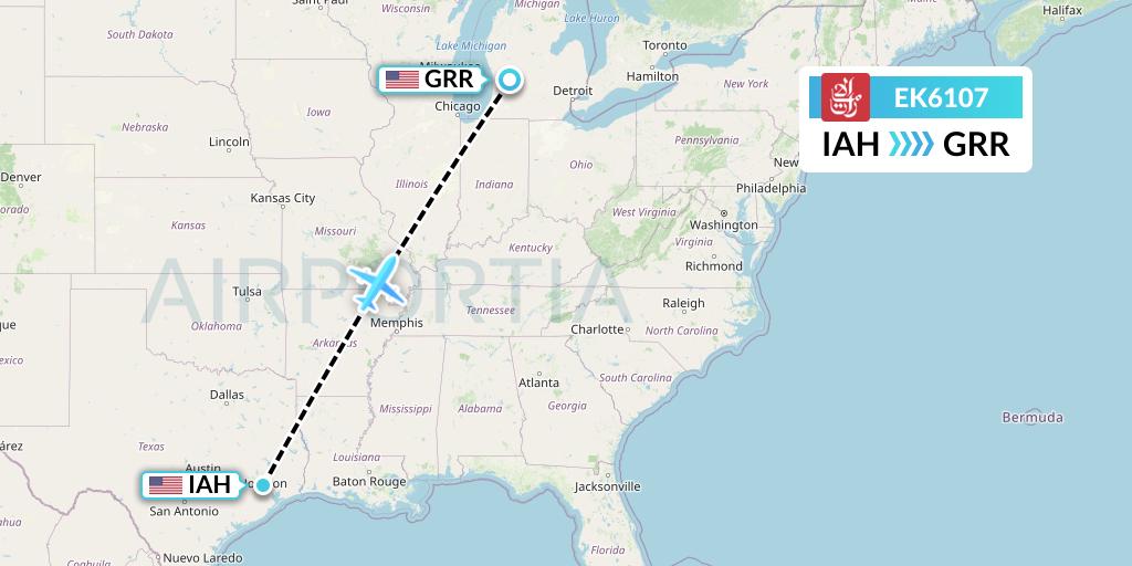 EK6107 Emirates Flight Map: Houston to Grand Rapids
