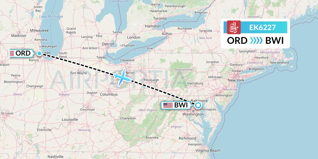 EK6227 Emirates Flight Map: Chicago to Baltimore