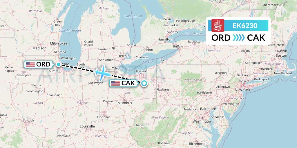 EK6230 Emirates Flight Map: Chicago to Akron