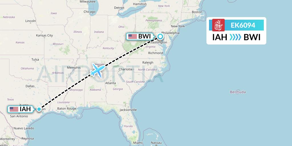 EK6094 Emirates Flight Map: Houston to Baltimore