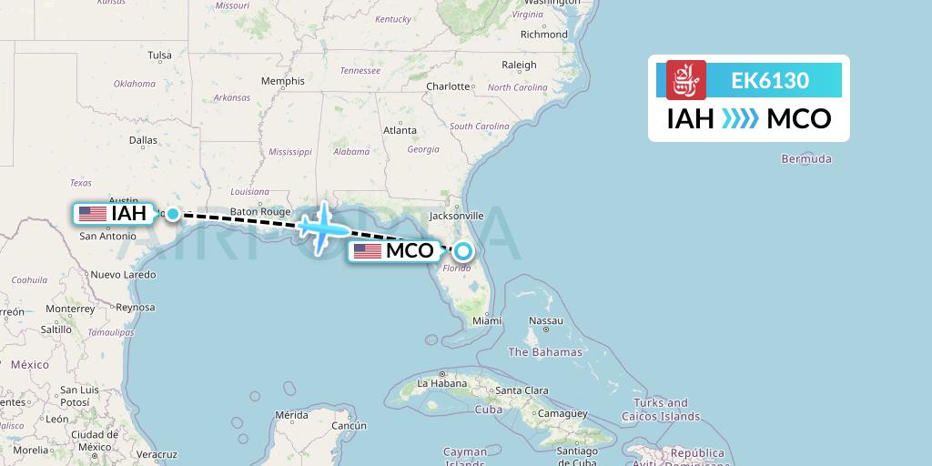 EK6130 Emirates Flight Map: Houston to Orlando