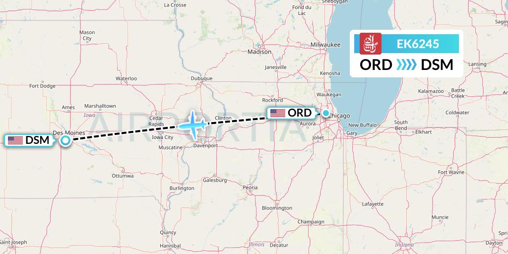 EK6245 Emirates Flight Map: Chicago to Des Moines