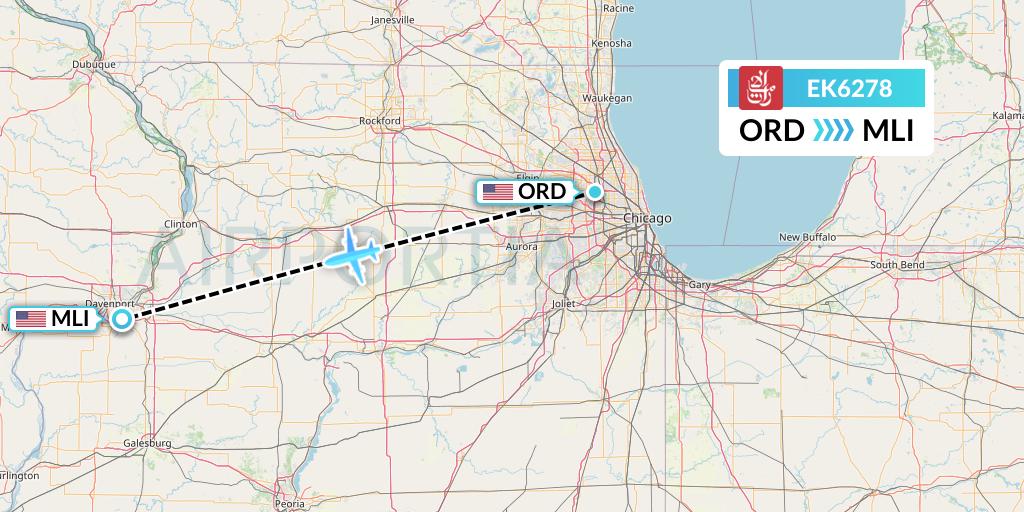 EK6278 Emirates Flight Map: Chicago to Moline