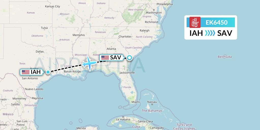 EK6450 Emirates Flight Map: Houston to Savannah
