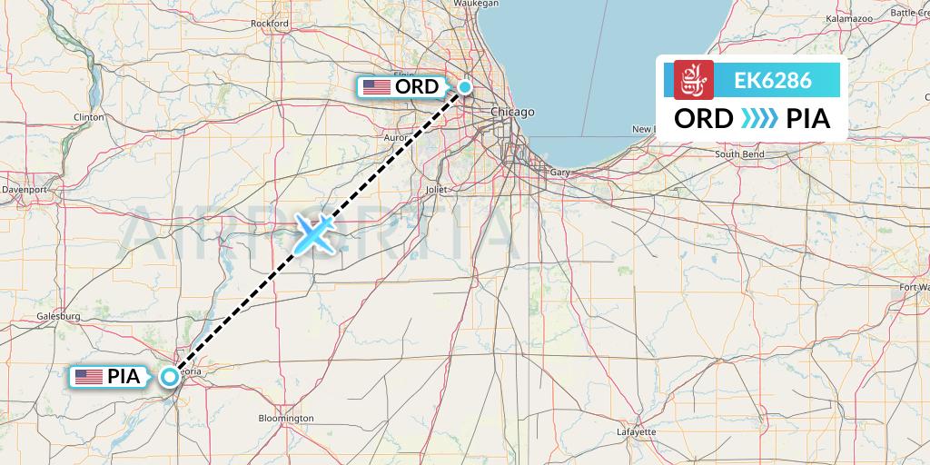 EK6286 Emirates Flight Map: Chicago to Peoria