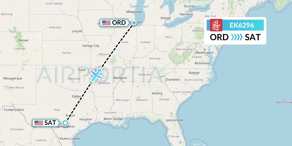EK6296 Emirates Flight Map: Chicago to San Antonio