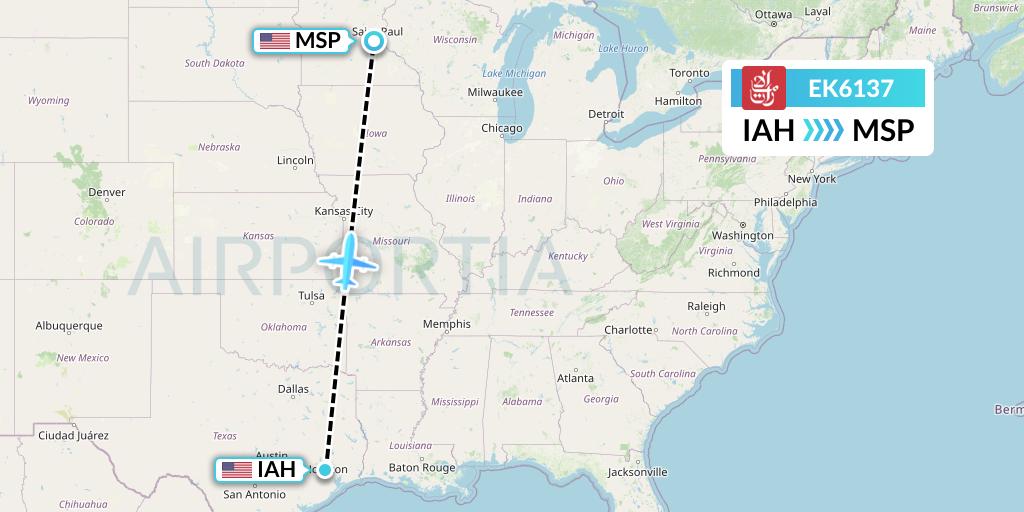 EK6137 Emirates Flight Map: Houston to Minneapolis