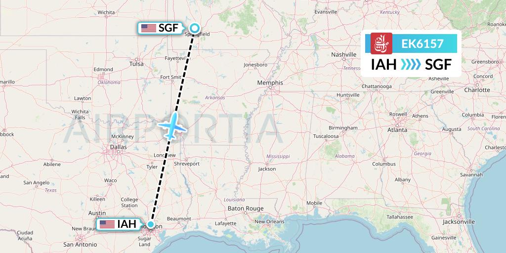 EK6157 Emirates Flight Map: Houston to Springfield