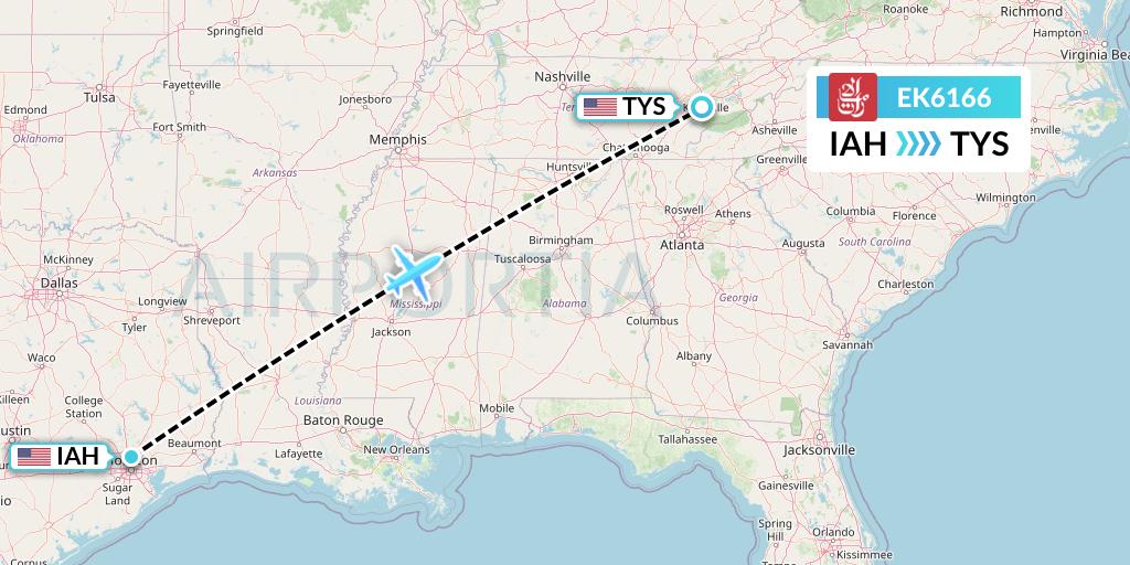 EK6166 Emirates Flight Map: Houston to Knoxville