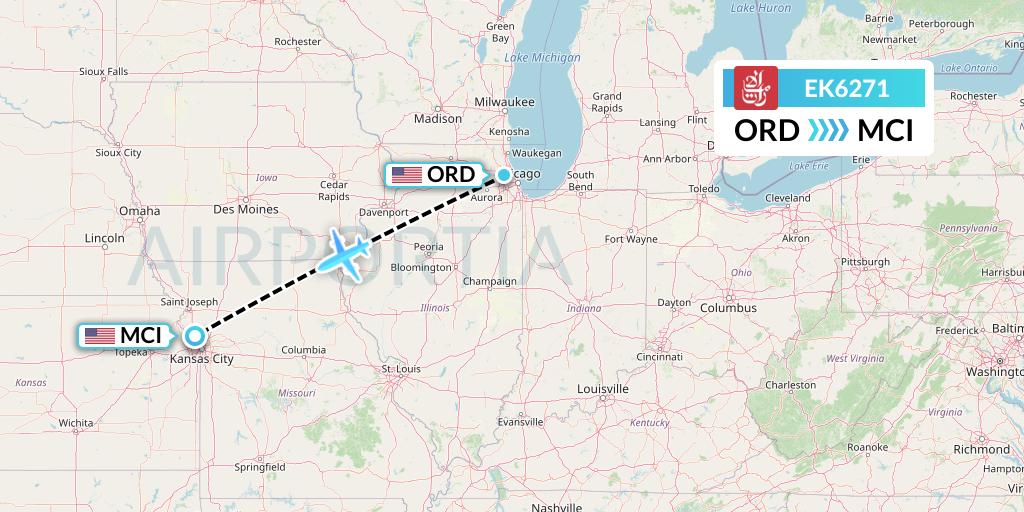 EK6271 Emirates Flight Map: Chicago to Kansas City