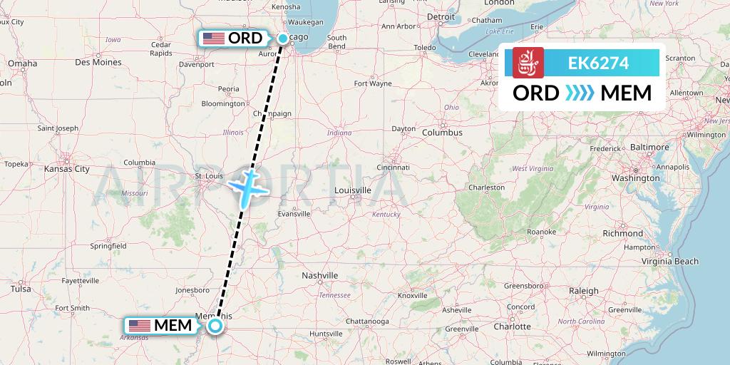EK6274 Emirates Flight Map: Chicago to Memphis