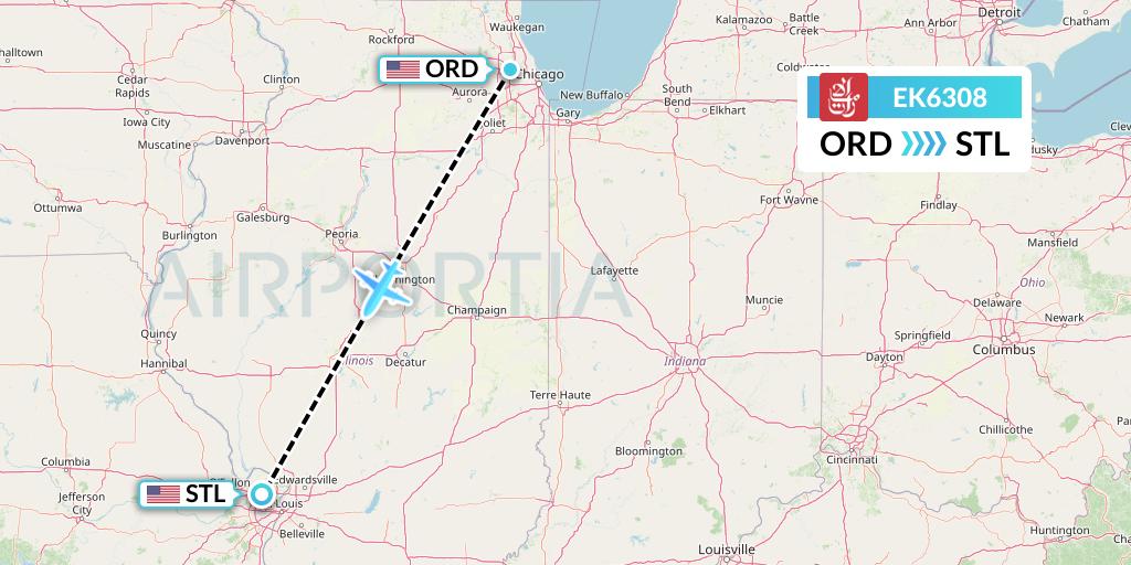 EK6308 Emirates Flight Map: Chicago to St. Louis