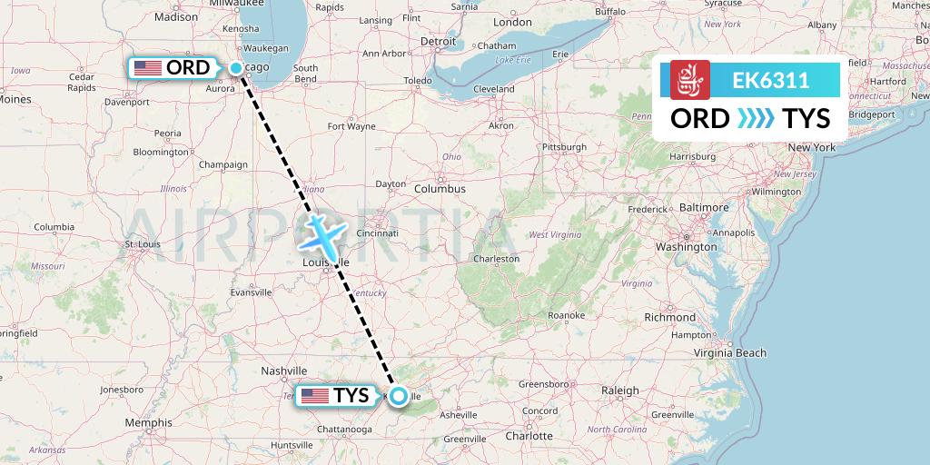 EK6311 Emirates Flight Map: Chicago to Knoxville