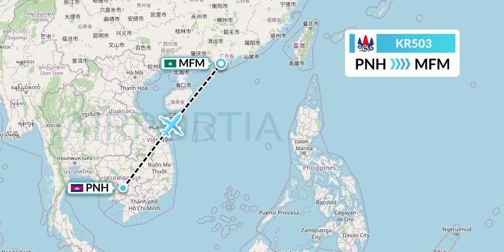 KR503 Cambodia Airways Flight Map: Phnom Penh to Macau