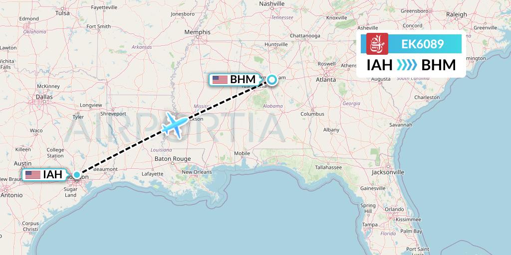 EK6089 Emirates Flight Map: Houston to Birmingham