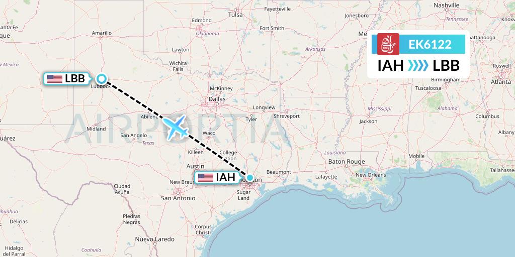 EK6122 Emirates Flight Map: Houston to Lubbock