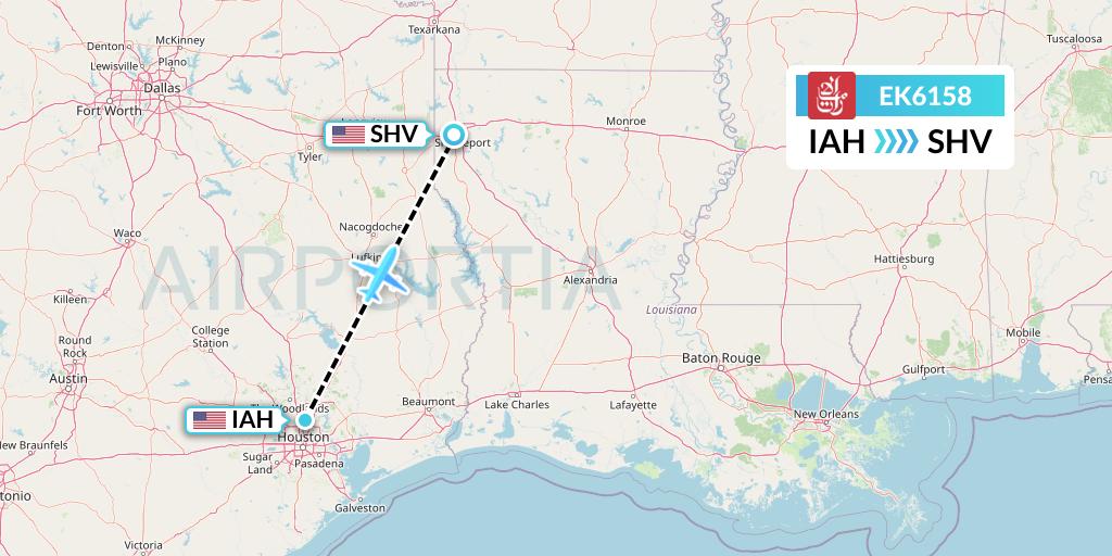 EK6158 Emirates Flight Map: Houston to Shreveport