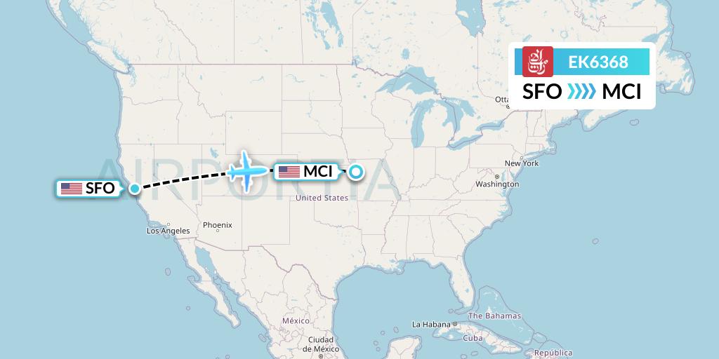 EK6368 Emirates Flight Map: San Francisco to Kansas City