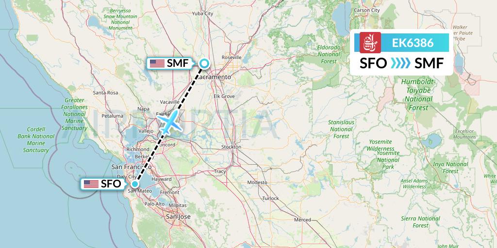 EK6386 Emirates Flight Map: San Francisco to Sacramento