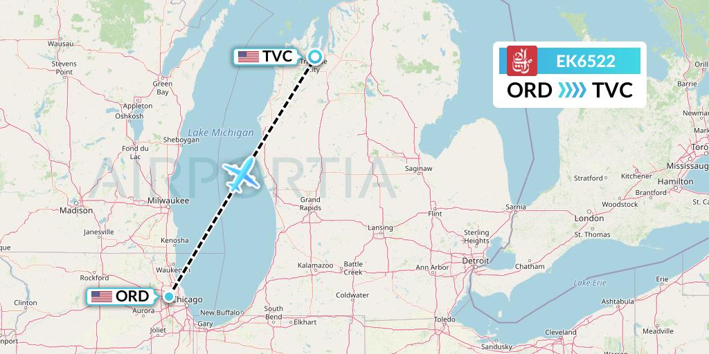 EK6522 Emirates Flight Map: Chicago to Traverse City