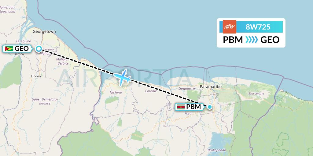 8W725 Fly AllWays Flight Map: Paramaribo to Georgetown