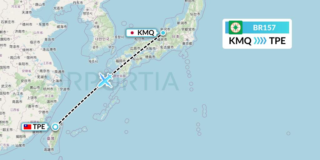 BR157 EVA Air Flight Map: Komatsu to Taipei