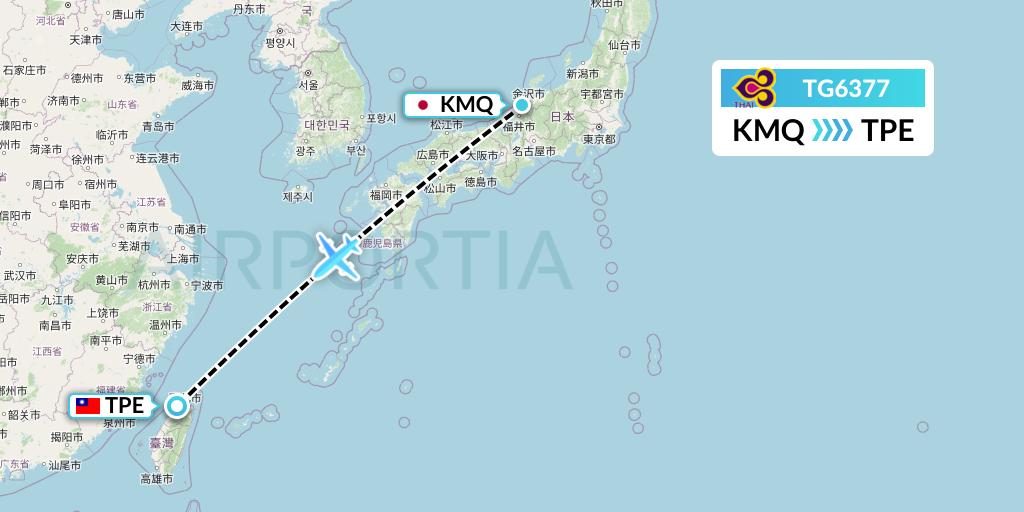 TG6377 Thai Airways Flight Map: Komatsu to Taipei