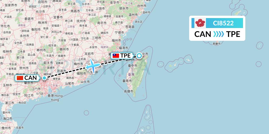 CI8522 China Airlines Flight Map: Guangzhou to Taipei