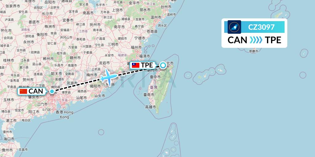 CZ3097 China Southern Airlines Flight Map: Guangzhou to Taipei