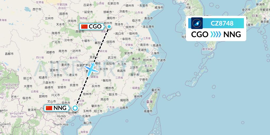CZ8748 China Southern Airlines Flight Map: Zhengzhou to Nanning