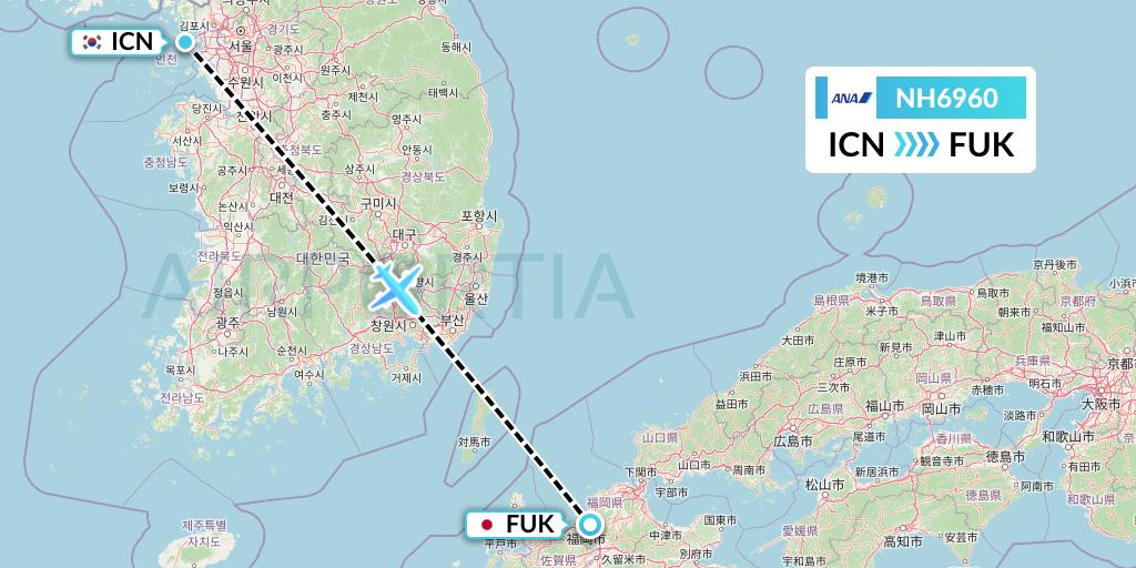 NH6960 All Nippon Airways Flight Map: Seoul to Fukuoka