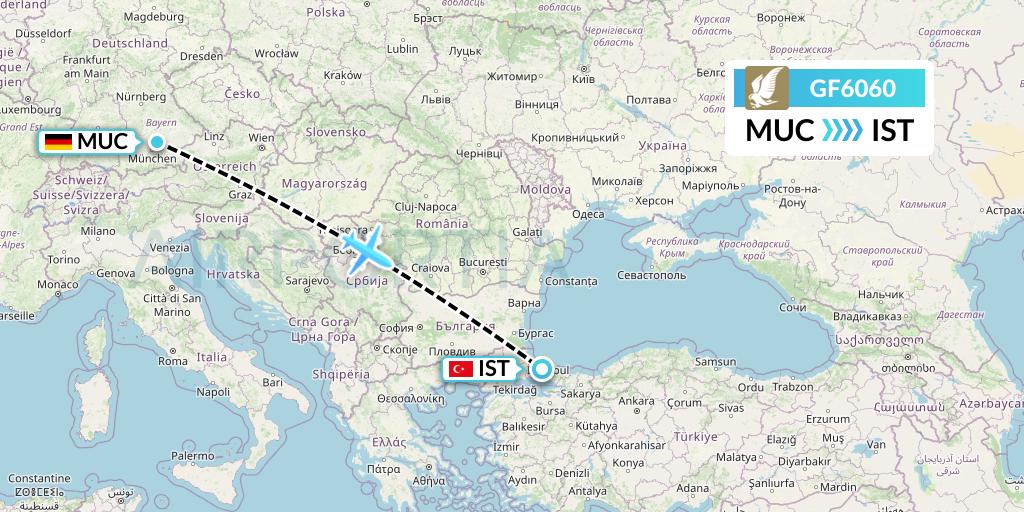 GF6060 Gulf Air Flight Map: Munich to Istanbul