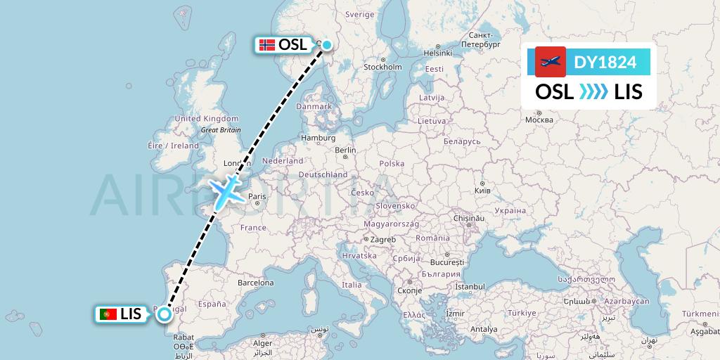 DY1824 Norwegian Flight Map: Oslo to Lisbon