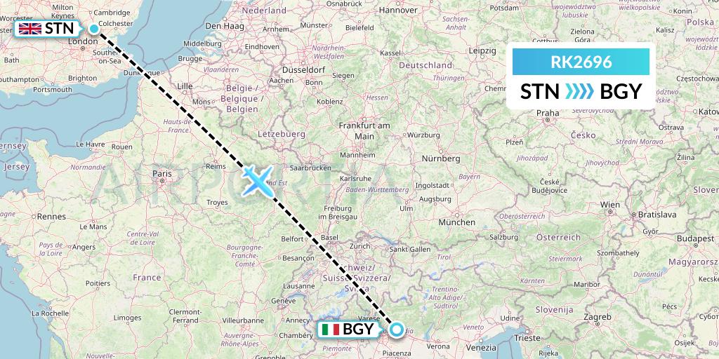 RK2696 Ryanair UK Flight Map: London to Milan