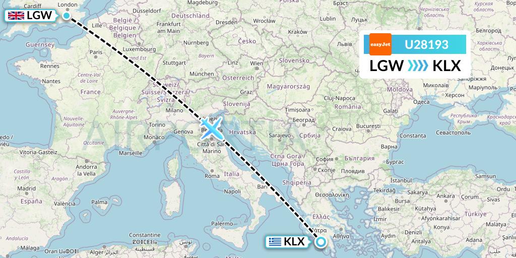 U28193 EasyJet Flight Map: London to Kalamata